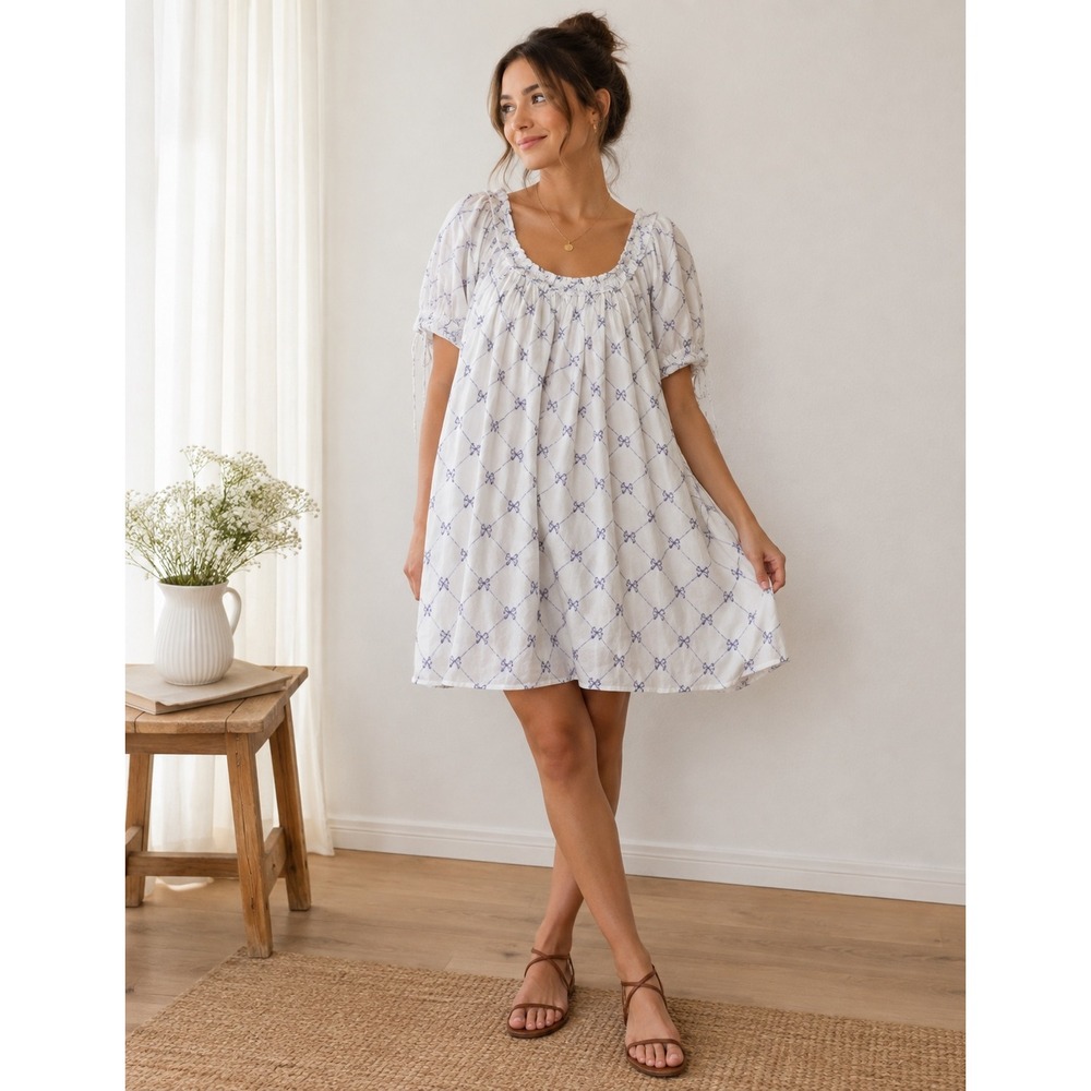 Damson Madder Bow Lattice Ruffle Puff Sleeve Mini Dress 12 White Blue Women
